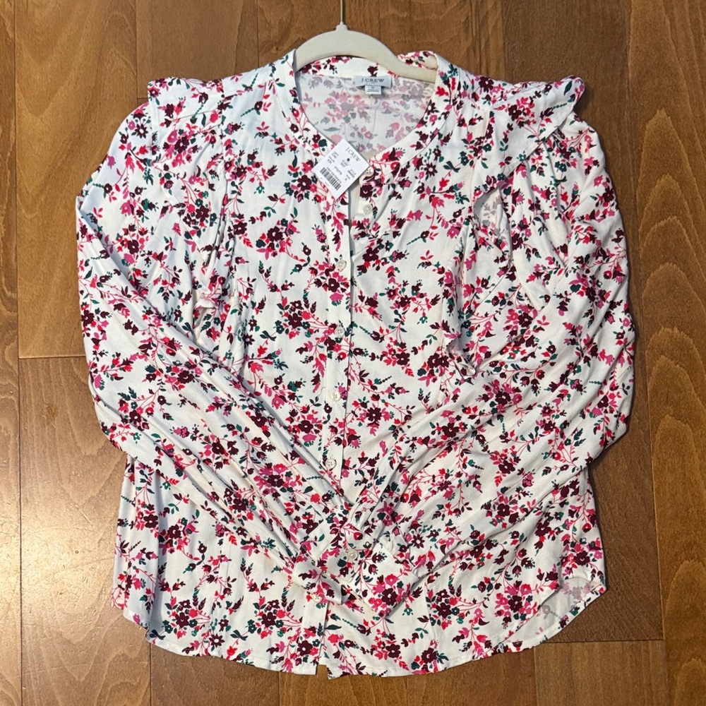 J.Crew Floral Button Down Blouse Ruffle‎ Detail Viscose Cottage Core Romantic